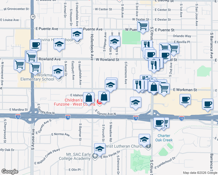 map of restaurants, bars, coffee shops, grocery stores, and more near 414 West Workman Avenue in West Covina