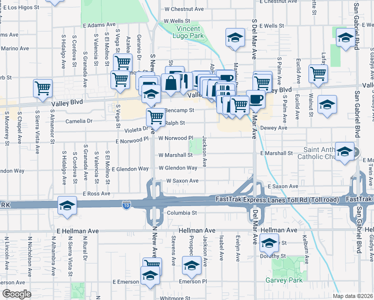 map of restaurants, bars, coffee shops, grocery stores, and more near 405 West Marshall Street in San Gabriel