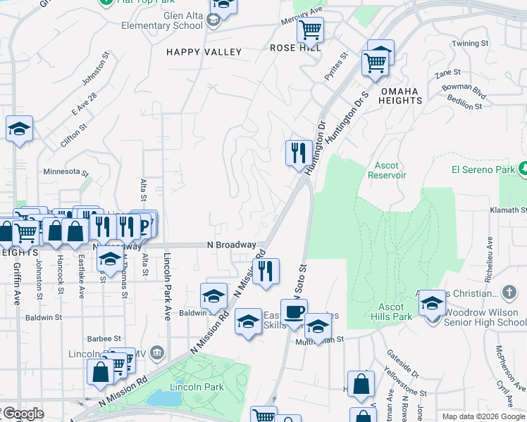 map of restaurants, bars, coffee shops, grocery stores, and more near 2521 Onyx Drive in Los Angeles
