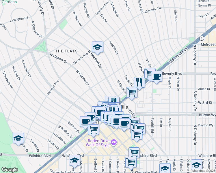 map of restaurants, bars, coffee shops, grocery stores, and more near 519 North Rexford Drive in Beverly Hills