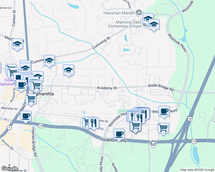 map of restaurants, bars, coffee shops, grocery stores, and more near 1017 Poplar Ridge Run in Alpharetta