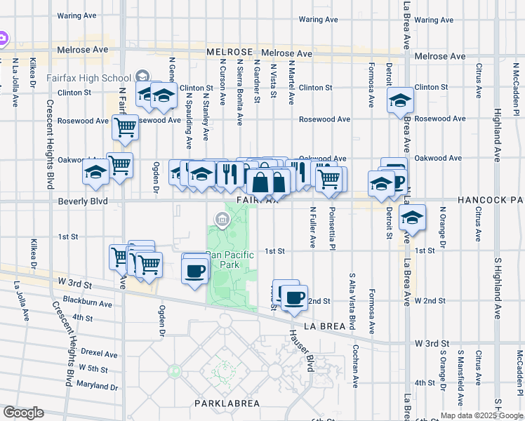 map of restaurants, bars, coffee shops, grocery stores, and more near 170 South Gardner Street in Los Angeles