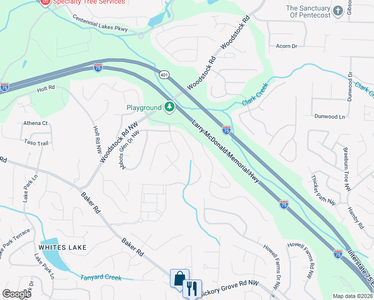 map of restaurants, bars, coffee shops, grocery stores, and more near 2569 Abbotts Glen Drive Northwest in Acworth