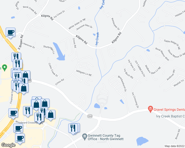 map of restaurants, bars, coffee shops, grocery stores, and more near 2182 Millgate Lane Northeast in Buford