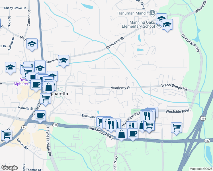 map of restaurants, bars, coffee shops, grocery stores, and more near 101 Red Oak Lane in Alpharetta