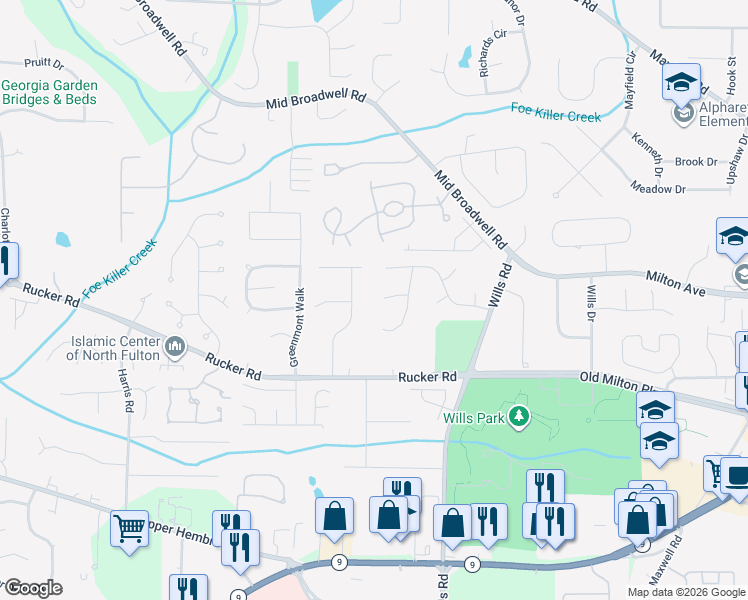 map of restaurants, bars, coffee shops, grocery stores, and more near 5040 Fox Lair Lane in Alpharetta