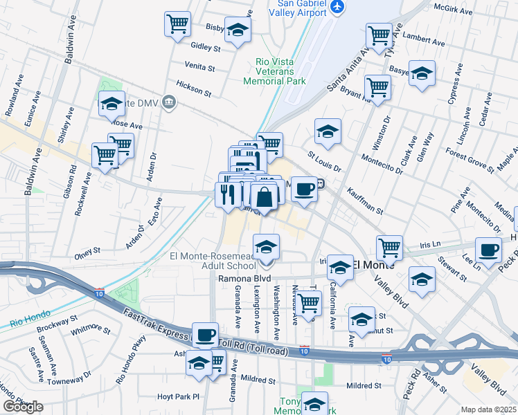 map of restaurants, bars, coffee shops, grocery stores, and more near 10721 Main Street in El Monte