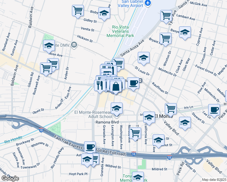 map of restaurants, bars, coffee shops, grocery stores, and more near 10721 Main Street in El Monte