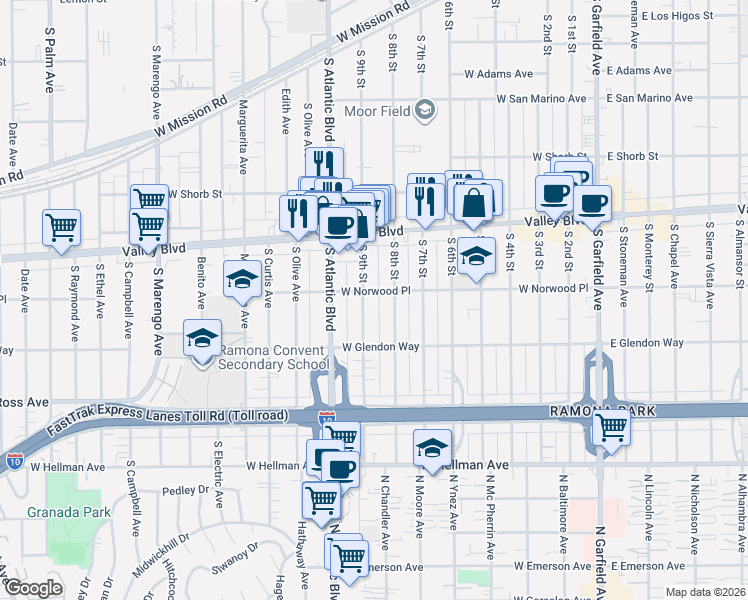 map of restaurants, bars, coffee shops, grocery stores, and more near 1606 South 9th Street in Alhambra