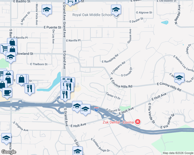map of restaurants, bars, coffee shops, grocery stores, and more near 1114 East Walnut Creek Road in Covina