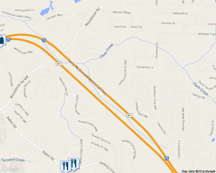 map of restaurants, bars, coffee shops, grocery stores, and more near 2401 Centennial Hill Way NW in Acworth
