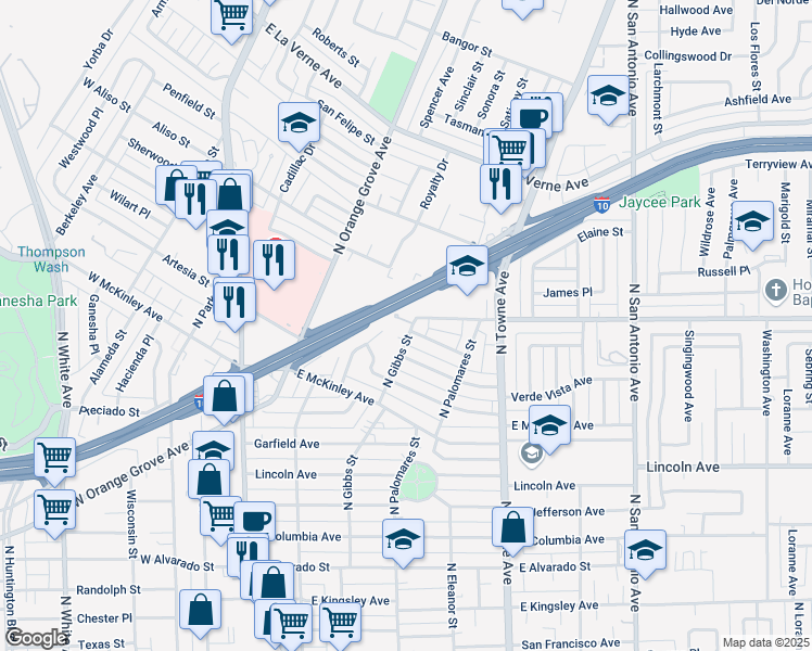 map of restaurants, bars, coffee shops, grocery stores, and more near 1799 North Gibbs Street in Pomona