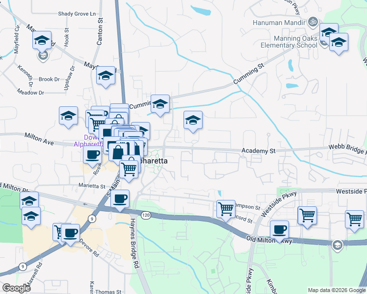 map of restaurants, bars, coffee shops, grocery stores, and more near 150 Academy Street in Alpharetta