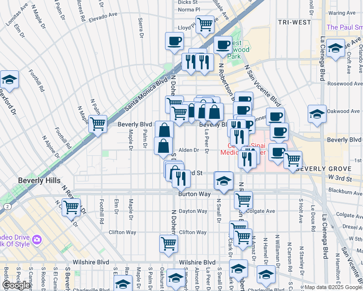 map of restaurants, bars, coffee shops, grocery stores, and more near 115 North Wetherly Drive in Los Angeles