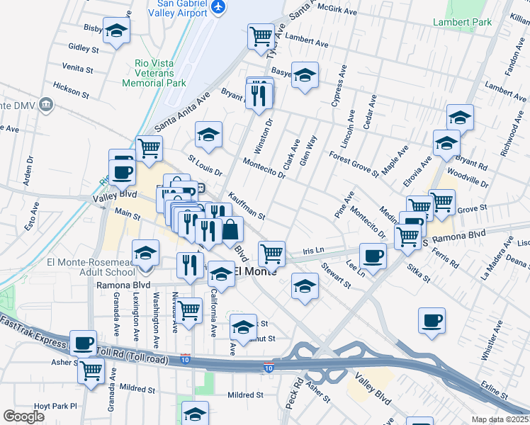 map of restaurants, bars, coffee shops, grocery stores, and more near 3709 Clark Avenue in El Monte