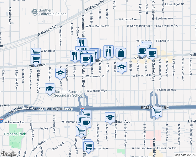 map of restaurants, bars, coffee shops, grocery stores, and more near 1605 South 8th Street in Alhambra
