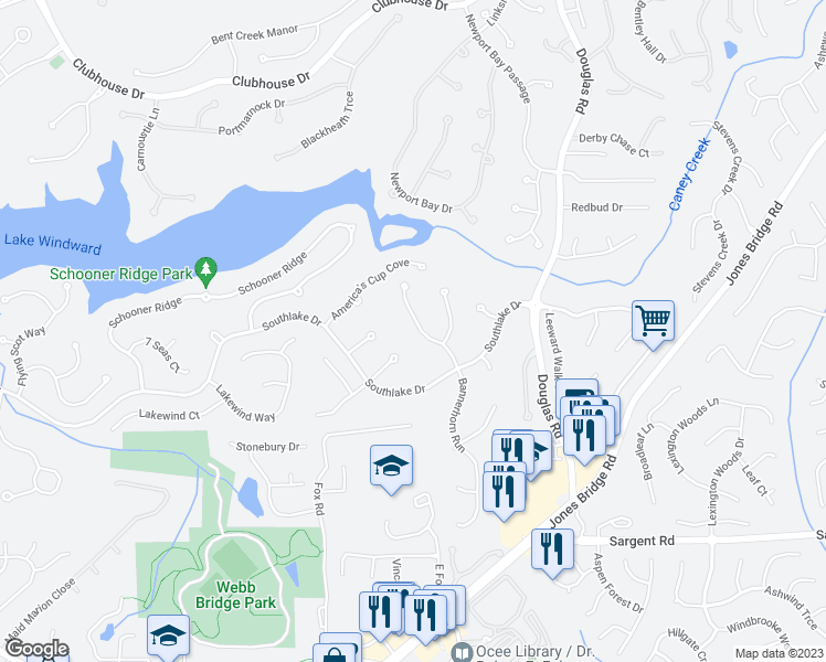 map of restaurants, bars, coffee shops, grocery stores, and more near 4250 Courageous Wake in Alpharetta