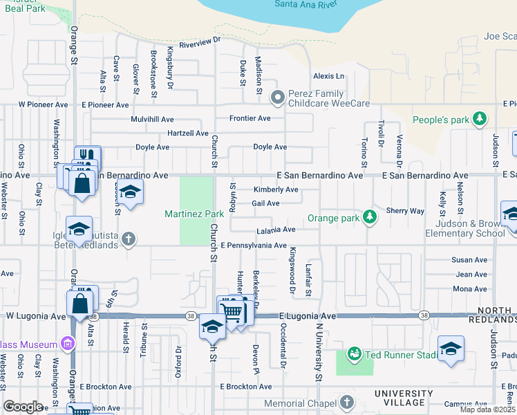 map of restaurants, bars, coffee shops, grocery stores, and more near 914 Gail Avenue in Redlands