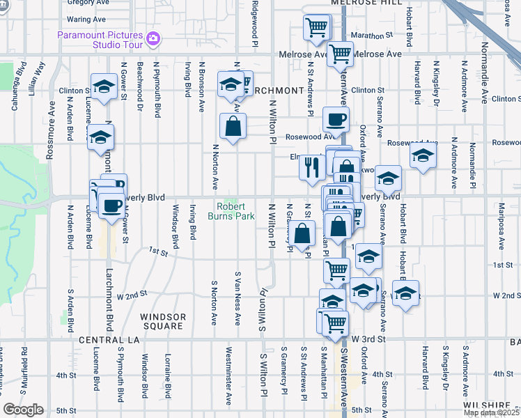 map of restaurants, bars, coffee shops, grocery stores, and more near 234 North Ridgewood Place in Los Angeles