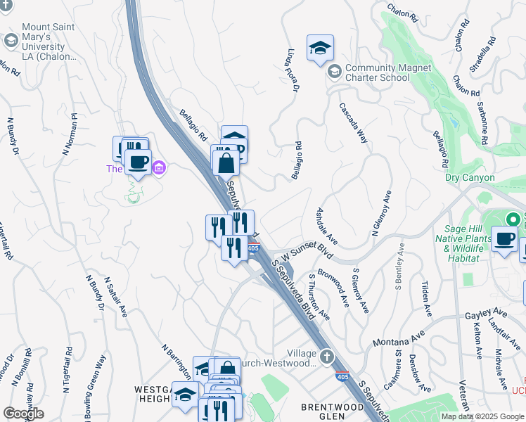 map of restaurants, bars, coffee shops, grocery stores, and more near 11452 Thurston Circle in Los Angeles