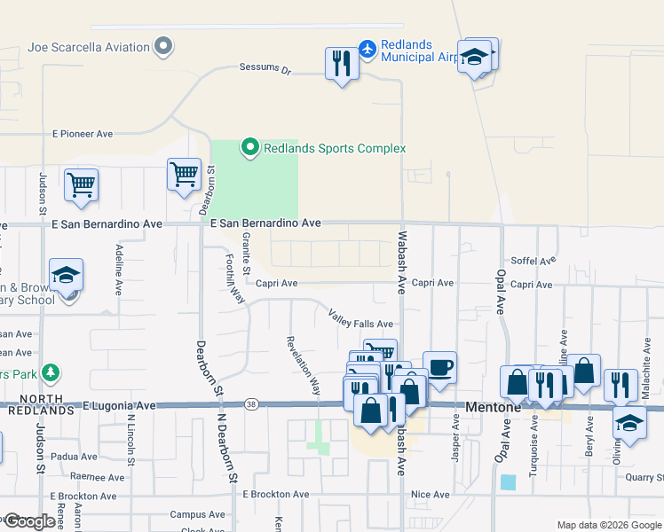 map of restaurants, bars, coffee shops, grocery stores, and more near Sandpiper Avenue in Redlands