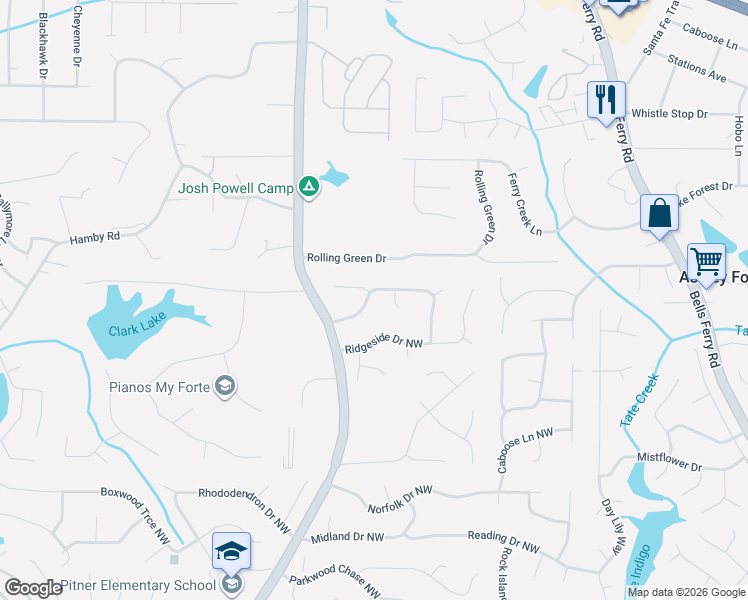 map of restaurants, bars, coffee shops, grocery stores, and more near 4847 Green Forest Court Northwest in Acworth