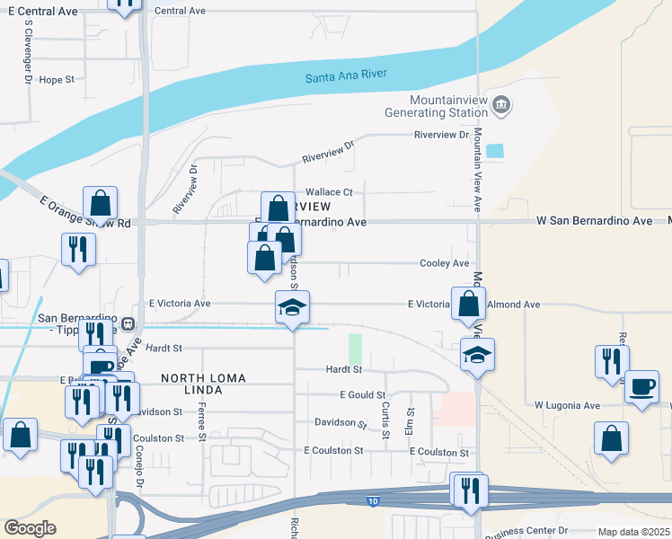 map of restaurants, bars, coffee shops, grocery stores, and more near 1705 Cooley Avenue in San Bernardino