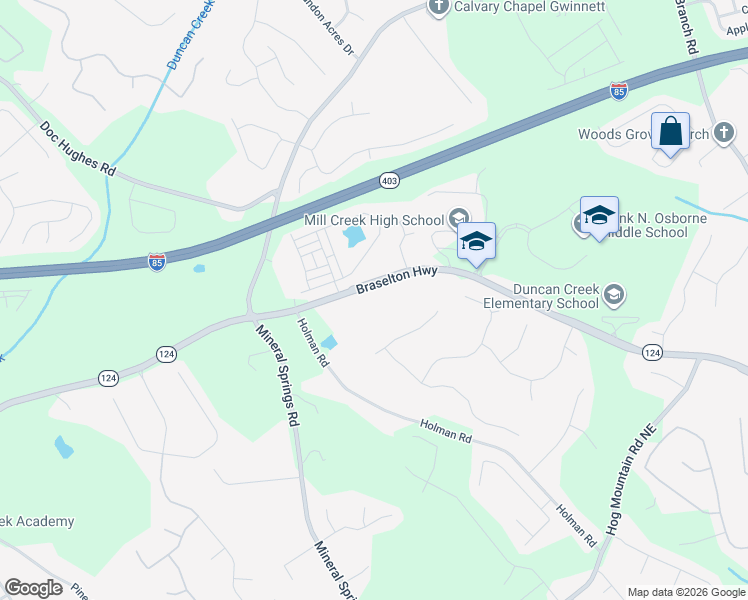 map of restaurants, bars, coffee shops, grocery stores, and more near 4325 Braselton Highway in Hoschton