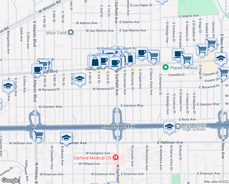 map of restaurants, bars, coffee shops, grocery stores, and more near 1611 South Garfield Avenue in Alhambra