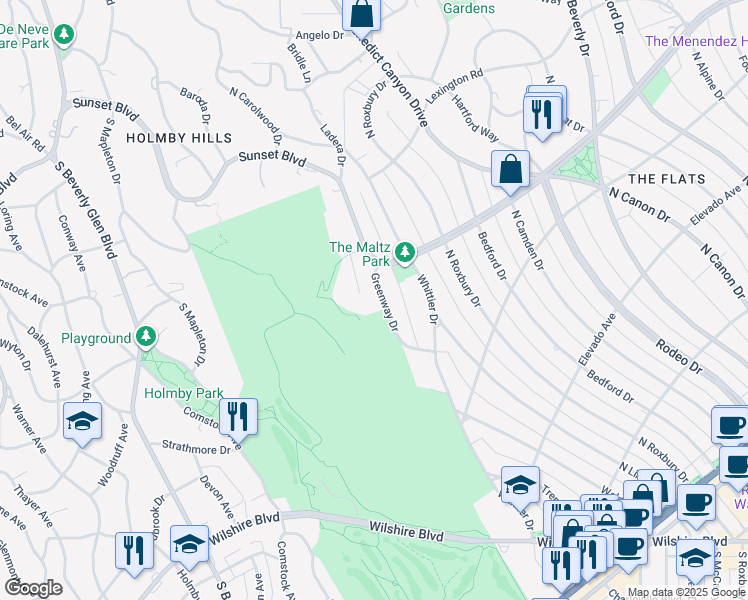 map of restaurants, bars, coffee shops, grocery stores, and more near 837 Greenway Drive in Beverly Hills