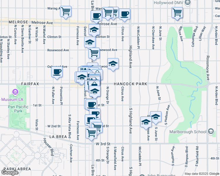 map of restaurants, bars, coffee shops, grocery stores, and more near 170 North Orange Drive in Los Angeles