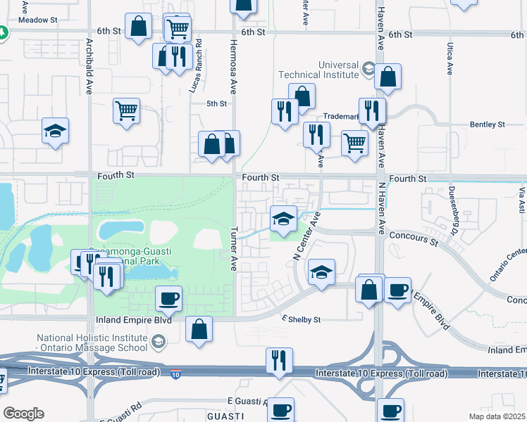 map of restaurants, bars, coffee shops, grocery stores, and more near 1016 Hermosa Avenue in Ontario