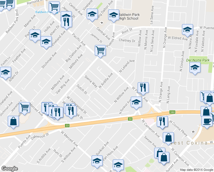 map of restaurants, bars, coffee shops, grocery stores, and more near 213 N Leland Ave in West Covina