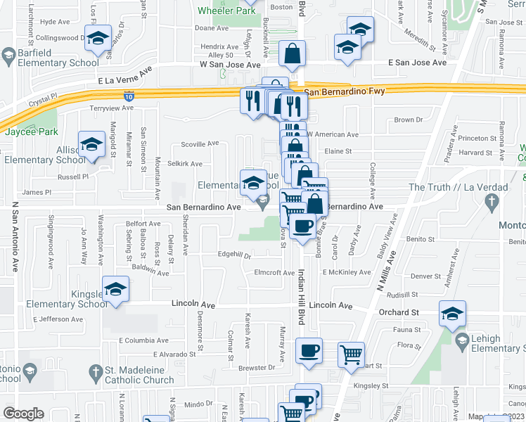 map of restaurants, bars, coffee shops, grocery stores, and more near 1440 San Bernardino Avenue in Pomona
