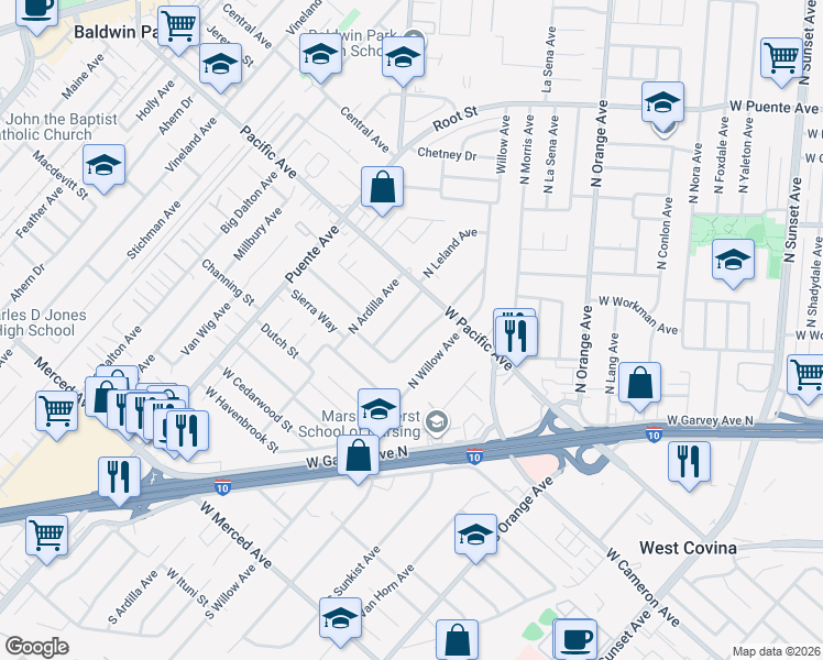 map of restaurants, bars, coffee shops, grocery stores, and more near 233 North Bromley Avenue in West Covina
