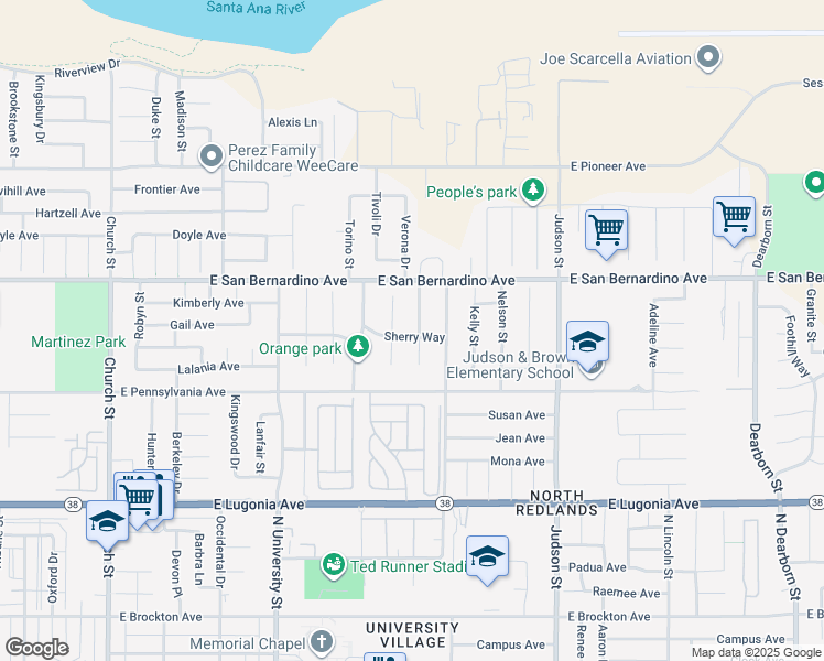 map of restaurants, bars, coffee shops, grocery stores, and more near 1245 Sherry Way in Redlands