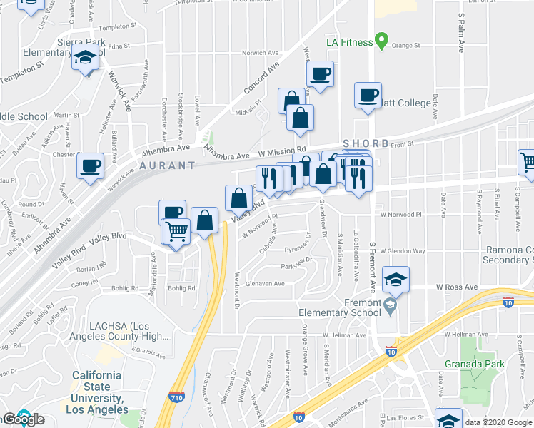map of restaurants, bars, coffee shops, grocery stores, and more near 3001 West Norwood Place in Alhambra