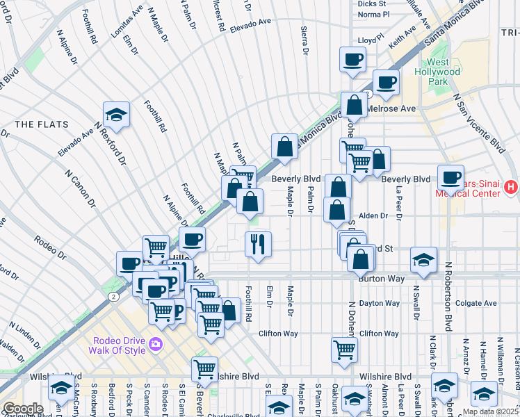 map of restaurants, bars, coffee shops, grocery stores, and more near 400 Foothill Road in Beverly Hills