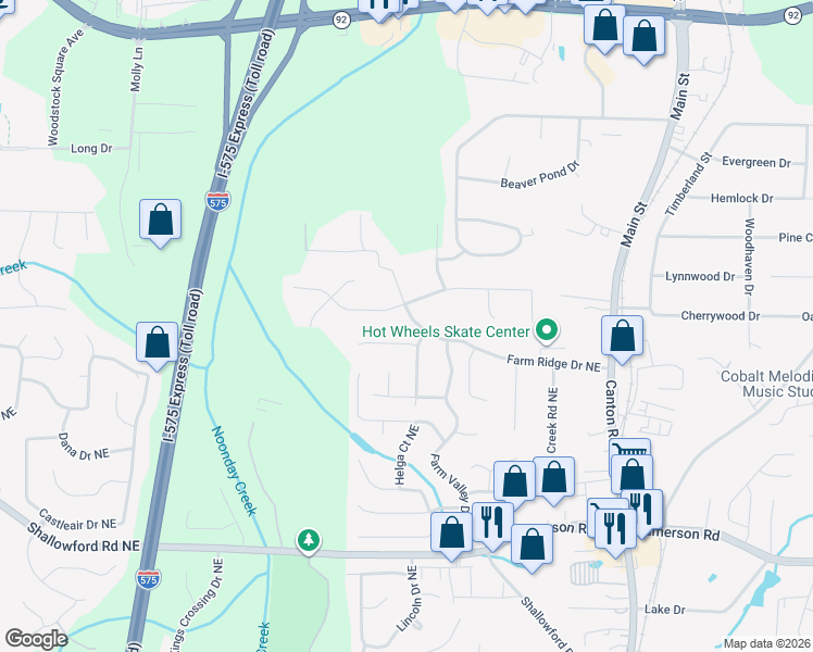 map of restaurants, bars, coffee shops, grocery stores, and more near 301 Old Farm Road in Woodstock