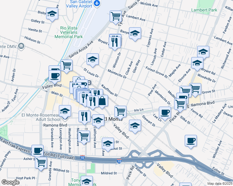 map of restaurants, bars, coffee shops, grocery stores, and more near 11119 Kauffman Street in El Monte