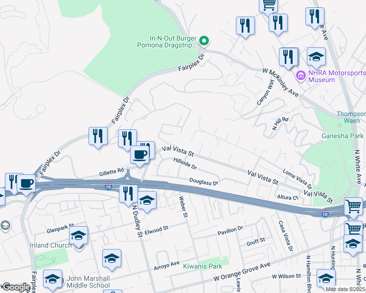 map of restaurants, bars, coffee shops, grocery stores, and more near 1385 Val Vista Street in Pomona