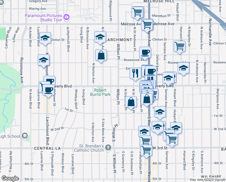 map of restaurants, bars, coffee shops, grocery stores, and more near 234 North Ridgewood Place in Los Angeles