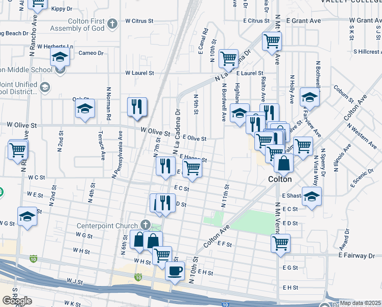 map of restaurants, bars, coffee shops, grocery stores, and more near 191 East Hanna Street in Colton