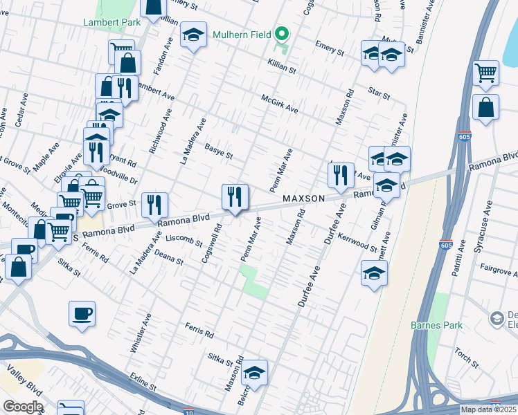 map of restaurants, bars, coffee shops, grocery stores, and more near 12105 Ramona Boulevard in El Monte