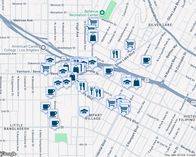 map of restaurants, bars, coffee shops, grocery stores, and more near 235 North Hoover Street in Los Angeles