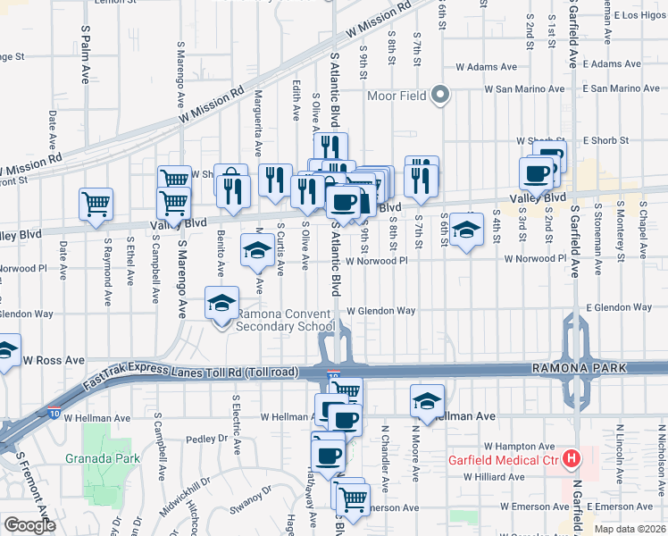 map of restaurants, bars, coffee shops, grocery stores, and more near 1608 South Atlantic Boulevard in Alhambra