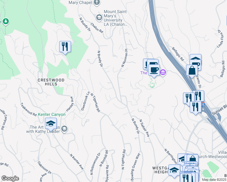 map of restaurants, bars, coffee shops, grocery stores, and more near 837 North Bundy Drive in Los Angeles