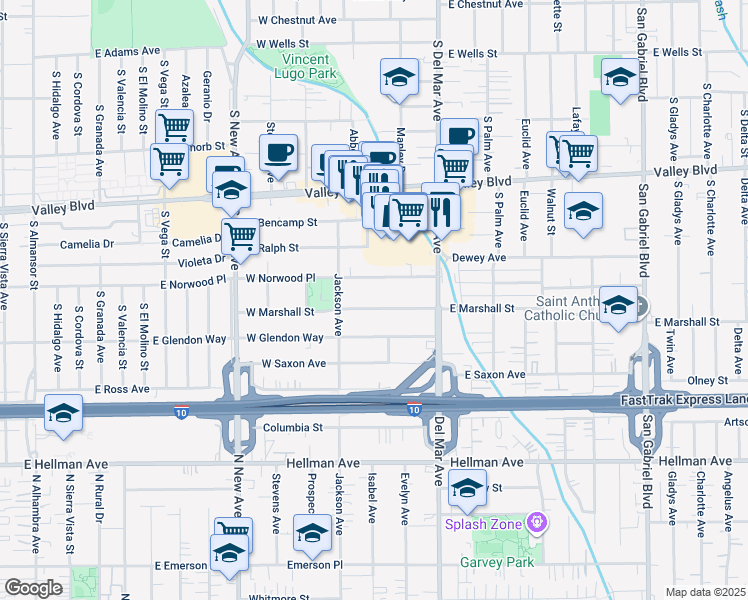 map of restaurants, bars, coffee shops, grocery stores, and more near 169 West Marshall Street in San Gabriel