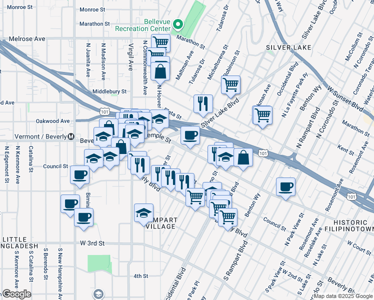 map of restaurants, bars, coffee shops, grocery stores, and more near West Temple Street & Robinson Street in Los Angeles