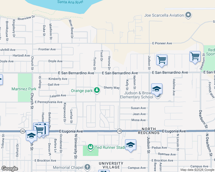 map of restaurants, bars, coffee shops, grocery stores, and more near 1245 Sherry Way in Redlands
